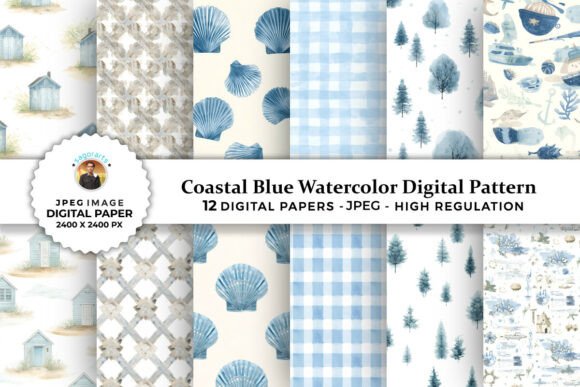 Download Coastal Blue Watercolor Digital Patterns - Digital pattern Collection