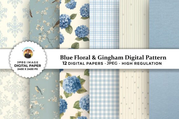 Download Blue Floral &amp; Gingham Digital Patterns - Digital pattern Collection
