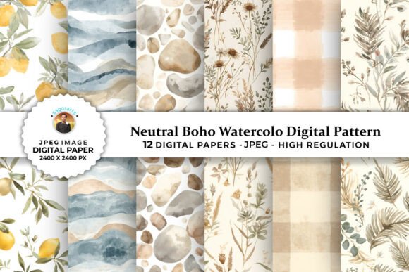 Download Neutral Boho Watercolor Digital Patterns - Digital pattern Collection