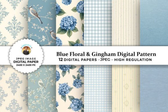 Download Blue Floral &amp; Gingham Digital Patterns - Digital pattern Collection
