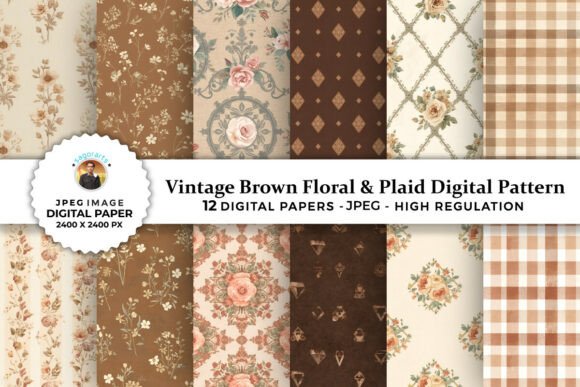 Download Brown Floral &amp; Plaid Digital Patterns - Digital pattern Collection